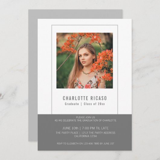 卒業写真テンプレート オーダーメイド グレー ホワイト 招待状 (正面/裏面)