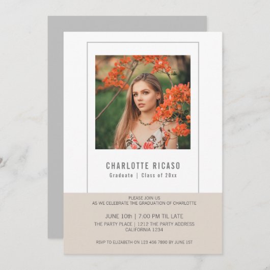 卒業写真テンプレート オーダーメイド タン ホワイト 招待状 (正面/裏面)