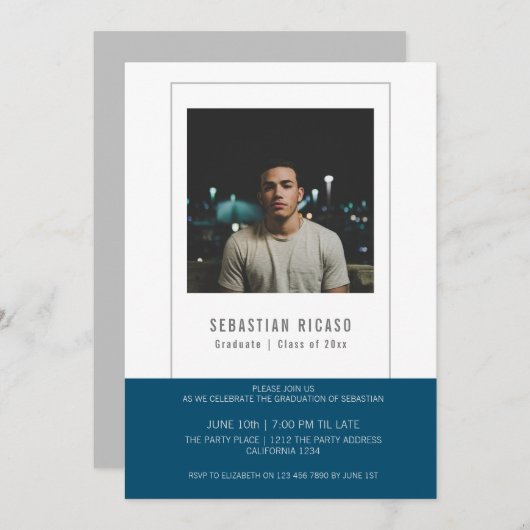 卒業写真テンプレート オーダーメイド ネイビー ホワイト 招待状 (正面/裏面)