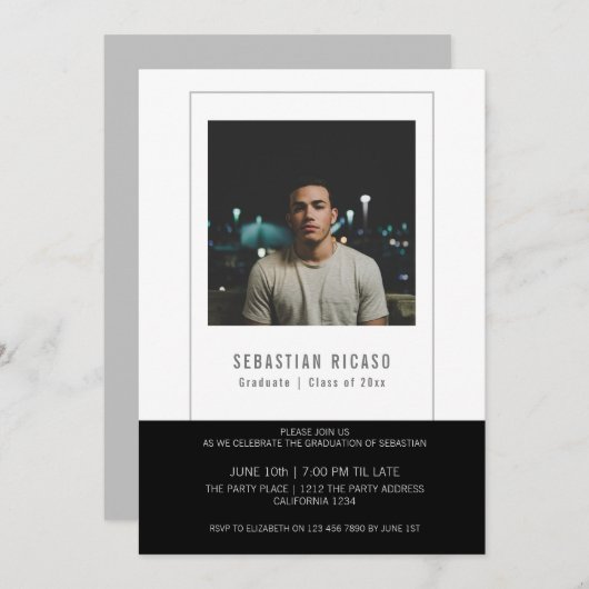 卒業写真テンプレート オーダーメイド ブラック ホワイト 招待状 (正面/裏面)