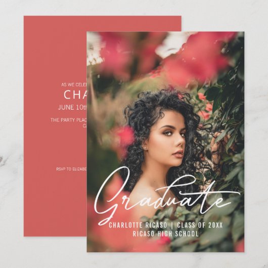 卒業写真テンプレート - カスタマイズピンク 招待状 (正面/裏面)