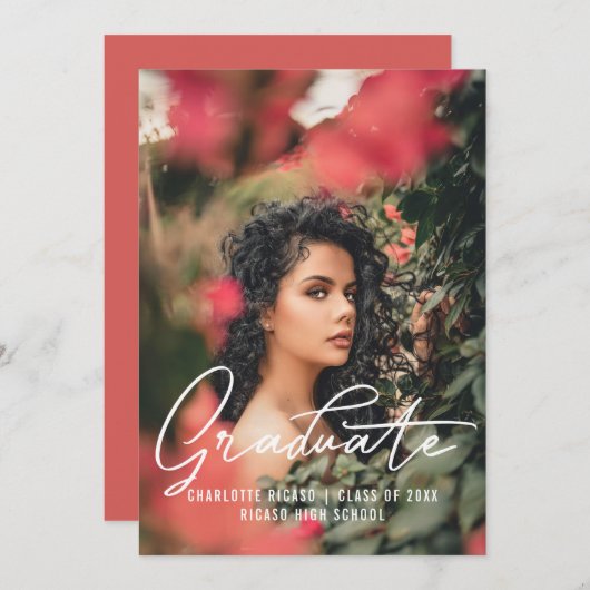 卒業写真テンプレート - パーソナライズされたピンク 招待状 (正面/裏面)