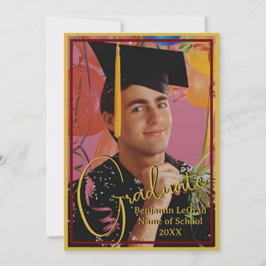 卒業写真パーソナライズされたノートマルーンと金ゴールド 招待状 (正面)