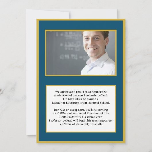 卒業写真パーソナライズされたノート海軍と金ゴールド 招待状 (裏面)