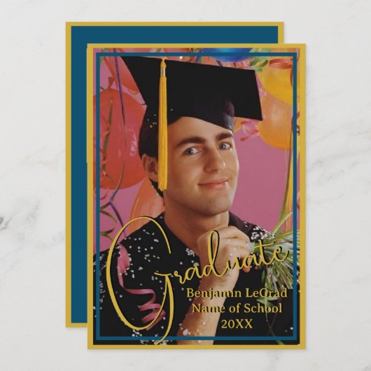 卒業写真パーソナライズされたノート海軍と金ゴールド 招待状 (正面/裏面)