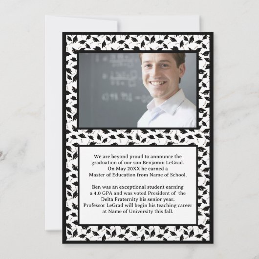 卒業写真パーソナライズされたメモ白黒 招待状 (裏面)