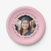 卒業写真ピンクの波状縁ど卒業 ペーパープレート (正面)