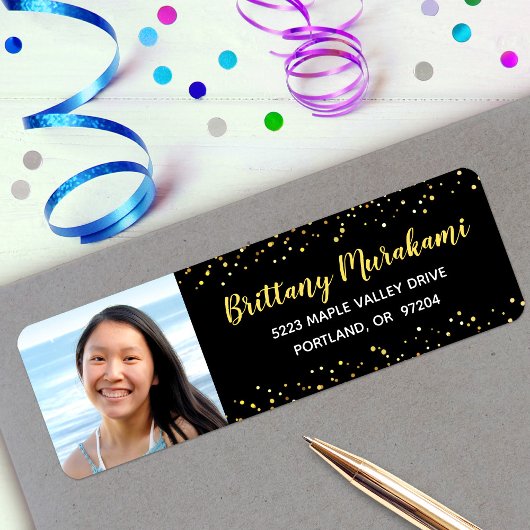 卒業写真ブラック金ゴールドスクリプトグリッターアドレス ラベル