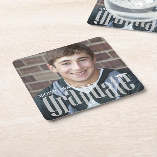 卒業写真ミニマルモダンタイポグラフィ スクエアペーパーコースター (アングル)