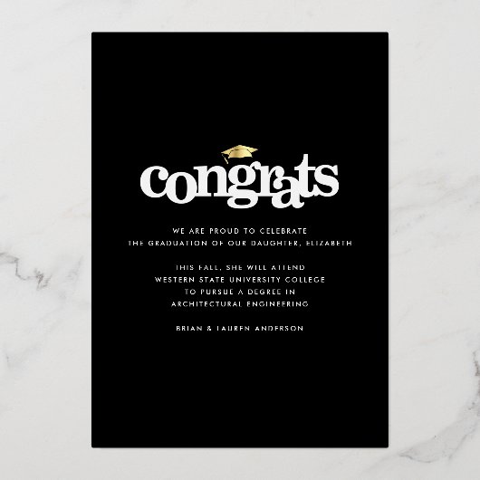 卒業写真モダンはっきりしたタイポグラフィ実在金ゴールド 箔招待状 (裏面)