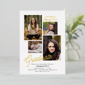 卒業写真モダンコラージュ卒業金ゴールド 箔招待状 (立ち正面)