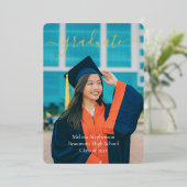 卒業写真モダン文字の発表 箔招待状 (立ち正面)