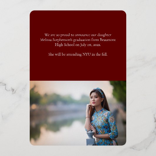 卒業写真モダン文字の発表 箔招待状 (裏面)