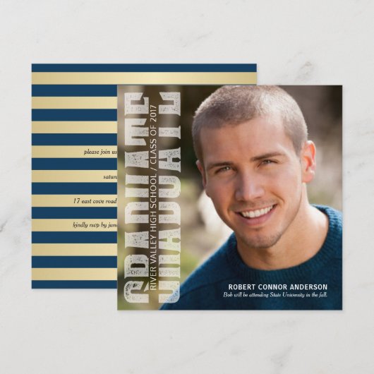 卒業写真モダン文字オーバーレイパーティー招待状 招待状 (正面/裏面)