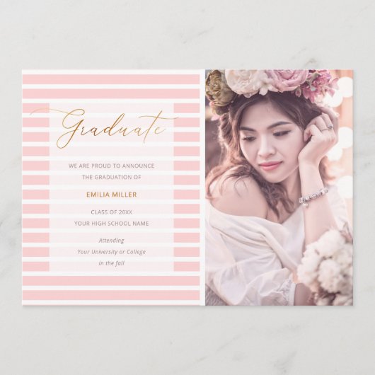 卒業写真モダン赤面ピンクストライプ色 案内状 (正面)