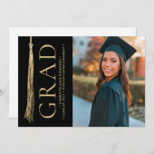 卒業写真モダン金ゴールドブラックグラッドタッセル 招待状 (正面/裏面)