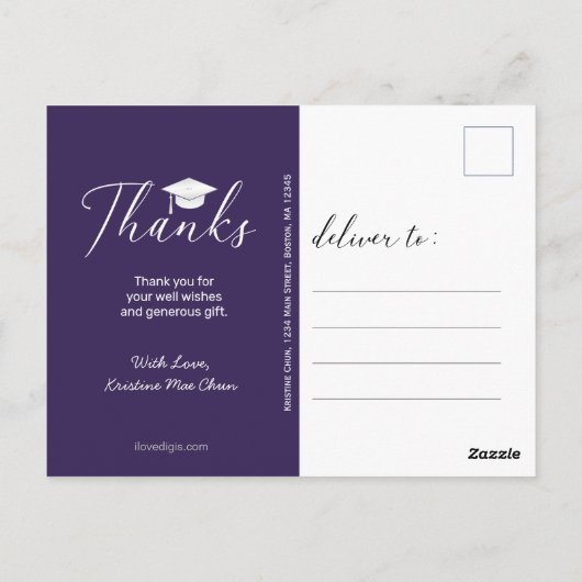 卒業写真モダンScript Purple Thank ポストカード (裏面)