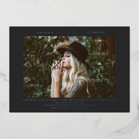 卒業写真ラインアートダークグレー 箔招待状 (正面)