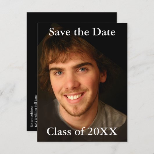 卒業写真招待状 – 現在の年への変更 案内ポストカード (正面/裏面)