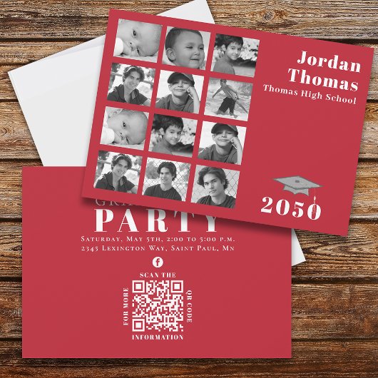 卒業写真数々のコラージュシンプル赤QRコード 招待状