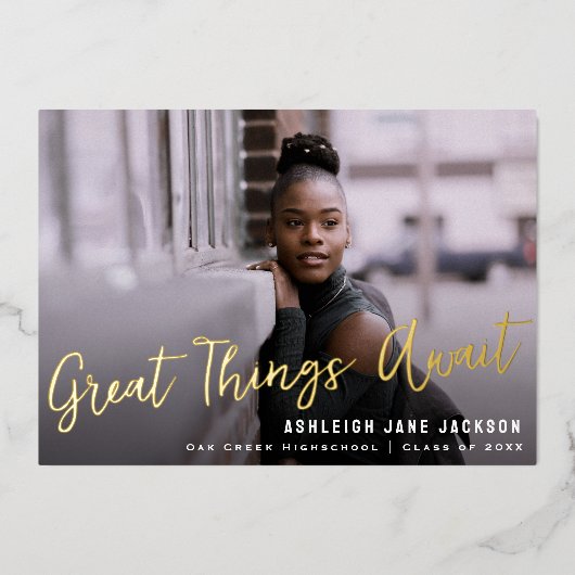 卒業写真素晴らし発表を待つ 箔招待状 (正面)