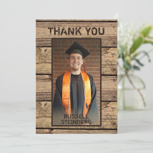 卒業写真素朴カントリー木材 サンキューカード (スタンド正面)