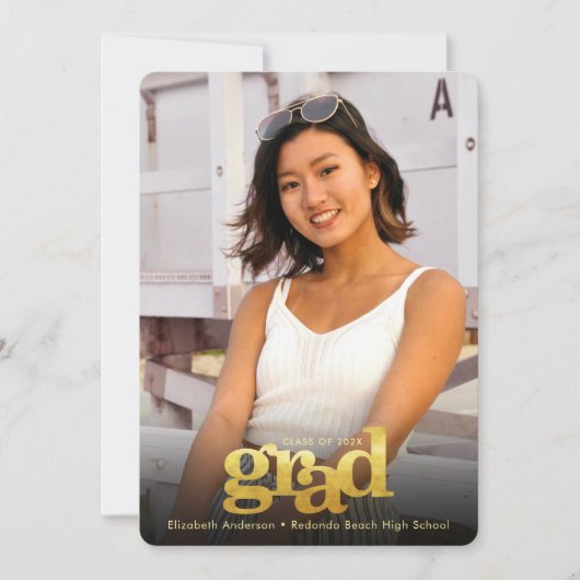 卒業写真金ゴールドはっきりしたモダンタイポグラフィ 案内状 (正面)