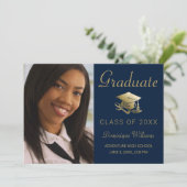 卒業写真金ゴールドグラッドキャップディプロマブルー 案内状 (スタンド正面)