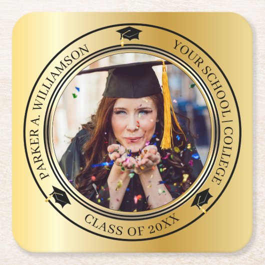卒業写真金ゴールドトーングラードキャップクラス年 スクエアペーパーコースター (正面)