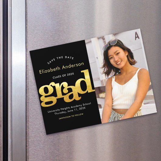 卒業写真金ゴールドブラックタイポグラフィ日 マグネット招待状