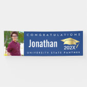 卒業写真金ゴールドモダンキャップはっきりしたシンプルブルー 横断幕 (横)