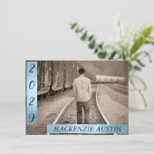 卒業写真2 | Blue フェイク Metallic Keepsake 招待状 (スタンド正面)