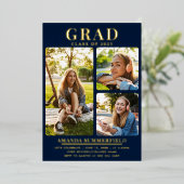 卒業写真3ネイビーブルーグラードパーティー金ゴールド 箔招待状 (立ち正面)