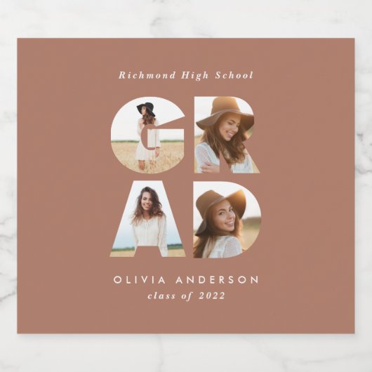 卒業写真4枚テラコッタパーソナライズされたモダンー スパークリングワインラベル (シングルラベル)