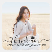 卒業写真 & エレガントなブラックスクリプトの感謝メッセージ スクエアシール (正面)