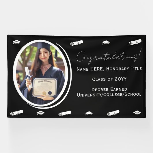 卒業写真 & キャップ、卒業証書 ブラック&ホワイト 横断幕 (横)