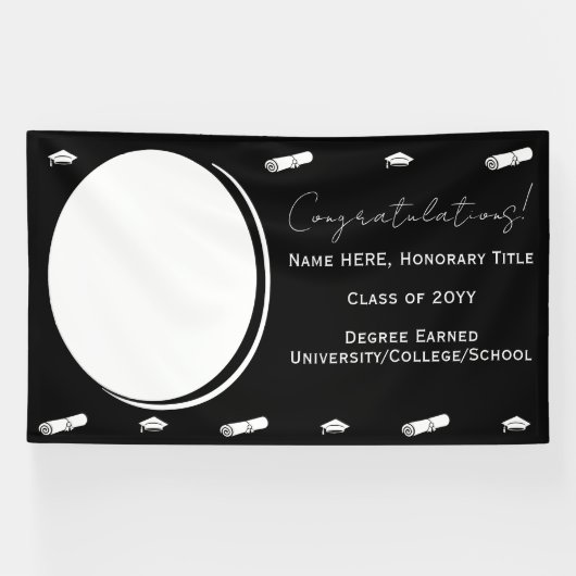 卒業写真 & キャップ、卒業証書 黒と白 横断幕 (横)