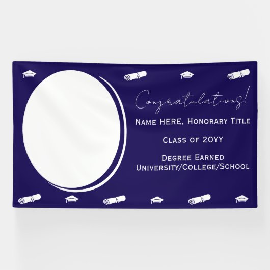 卒業写真＆帽子、卒業証書 おめでとう ダークブルー 横断幕 (横)