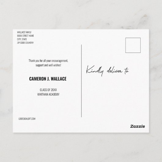 卒業写真 現代の手書き文字 ありがとう ポストカード (裏面)