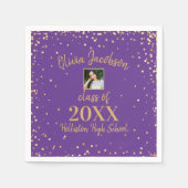 卒業写真、金ゴールド紙吹雪、卒業パーティー紫 スタンダードカクテルナプキン (正面)