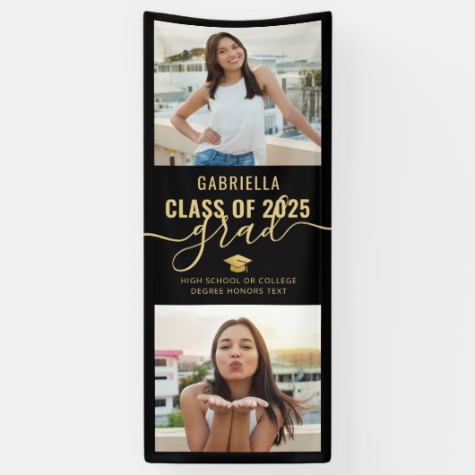 卒業写真（黒）と金ゴールドエレガント（写真） 横断幕 (縦)