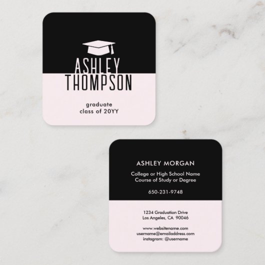 卒業名と情報連絡赤面モダンピンク スクエア名刺 (正面/裏面)