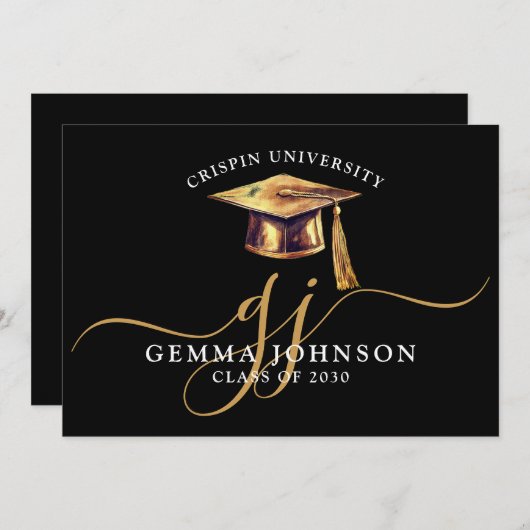 卒業名エレガント金ゴールドモノグラムブラック 案内状 (正面/裏面)