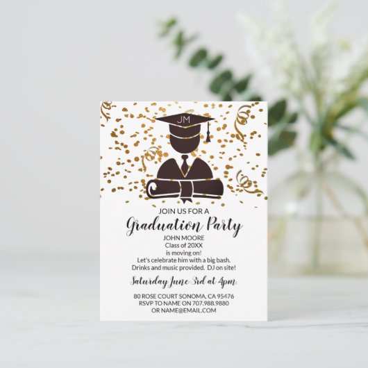 卒業型シルエット卒業証書と紙吹雪 インビテーションポストカード (スタンド正面)