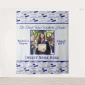 卒業希望キャップ卒業証書フォトブルー タペストリー (正面)