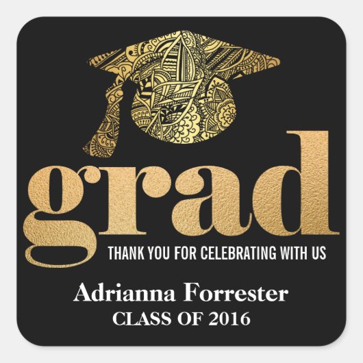 卒業帽子フェイク金箔グラードタイポグラフィ スクエアシール (正面)