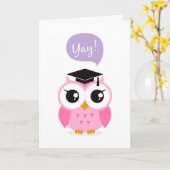 卒業帽子付きピンクフクロウ カード (黄色い花)