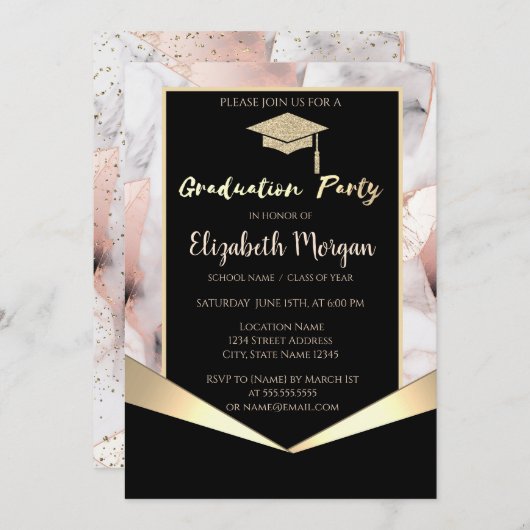 卒業帽, ローズゴールド 幾何学的な大理石の卒業 招待状 (正面/裏面)