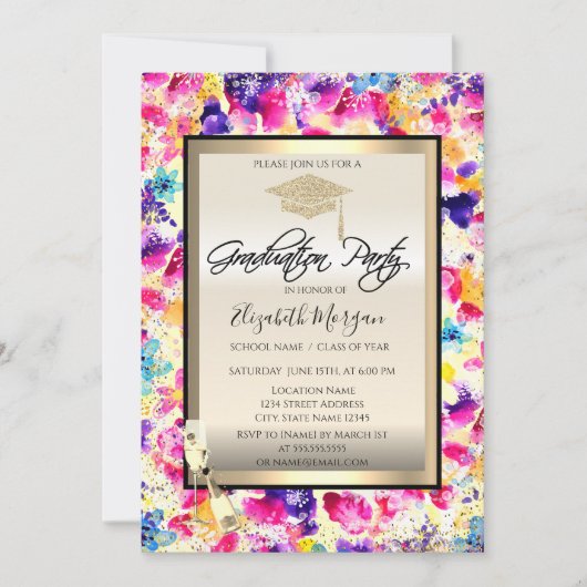 卒業帽, ワインボトルと花の飾り, 卒業おめでとう 招待状 (正面)