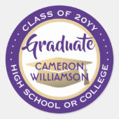 卒業年度のパープルゴールドとホワイト モダン ラウンドシール (正面)